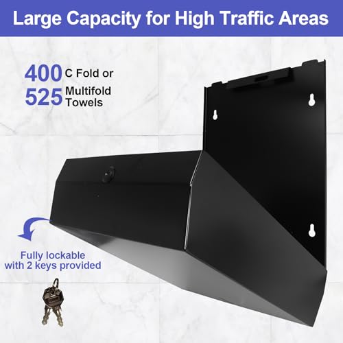 Stardrix Paper Towel Dispenser Wall Mount, Matte Black Stainless Steel Commercial Paper Towel Holder with Lock, Large Capacity 400 C Fold/525 Multifold Towels - color: Black, size: 400 C Fold/525 Multi-Fold with Lock