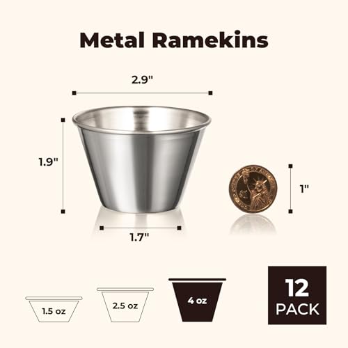 Fit Meal Prep [12 Pack 4 oz Stainless Steel Dipping Sauce Cups, Reusable Metal Ramekins, Commercial Grade Condiment Bowls, Individual Portion Cups, Small Round Au Jus Cup for Home, Restaurant - size: 4 oz