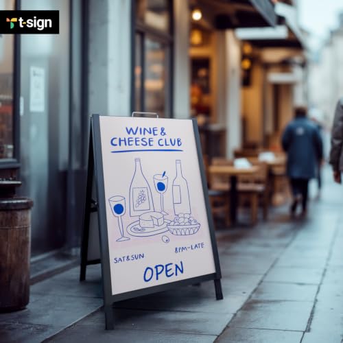 T-SIGN A-Frame Sign for Outdoors, Sidewalk Menu Board 24 X 36 Inch Folding Slide-in Board - Heavy Duty Portable Sandwich Board, Metal Double Sided 2 Corrugated Plastic Poster Boards for Restaurants - color: Black - Folding Frame