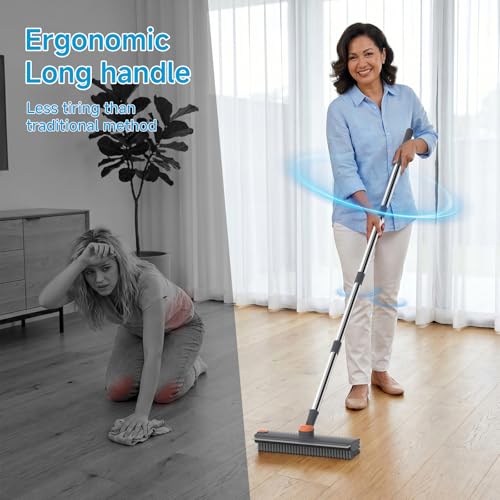 3 in 1 Floor Scrub Brush with 52" Long Handle, Heavy-Duty Stiff 90° Bristle Floor Scrubber, Shower Scrubber with Squeeze, Cleaning Brush for Bathroom Pool Garage Glass Tile Concrete Gray - color: Gray