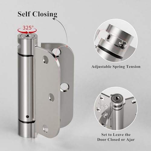 Sophia 2 Pack Self-Closing Door Hinge 3.5 Inch Rounded 5/8 Radius, Spring Hinges Adjustable Tension, Automatic Door Closer Hinge for Interior Exterior Residential Indoor Doors, Satin Nickel, UL listed - color: Satin Nickel, size: 2 Pack
