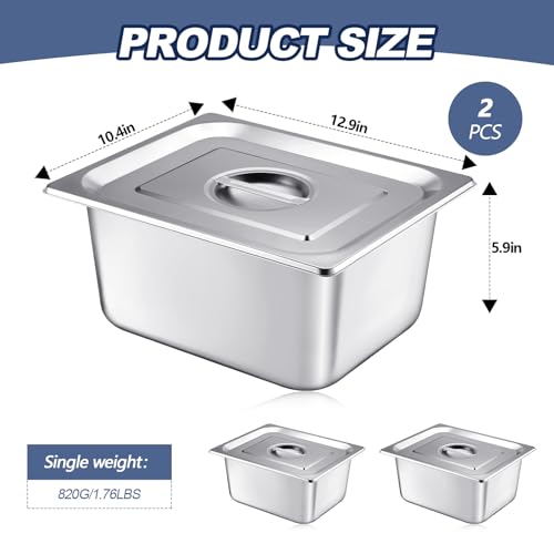 Mifoci 2 Pack Stainless 1/2 Size x 6 Inch Deep Steam Table Pans with Lids - size: 1/2 Size x 6 Inch Deep