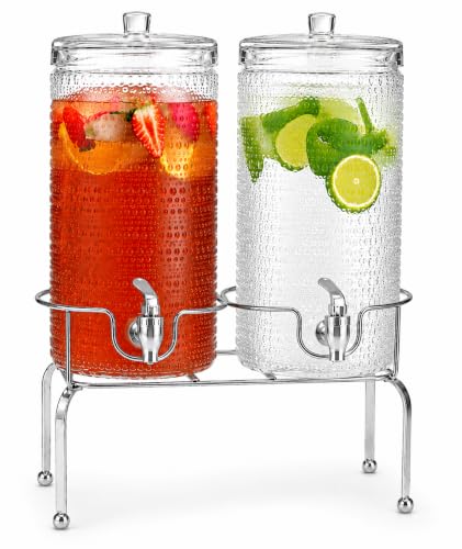 2 PACK-1 Gallon Glass Drink Dispensers for Parties, Hobnail Drink Dispenser, Beverage Dispenser with Stand and Glass Lid, 100% Leakproof Spigot, Perfect For Parties And Daily Use - color: Hobnail Clear-1 Gallon 2-PACK