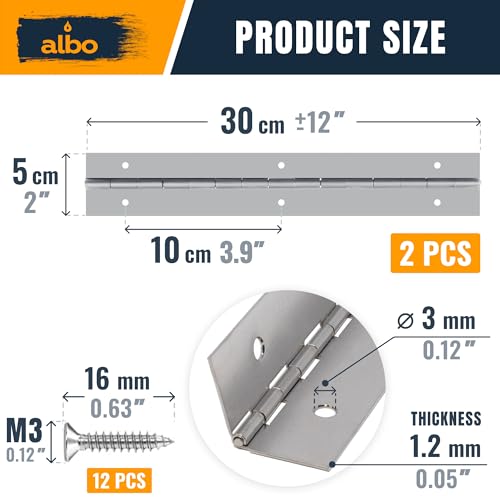 ALBO 12" x 2" Piano Hinge Stainless Steel 304, Silver, 2-Pack - color: Silver, size: 12 Inch