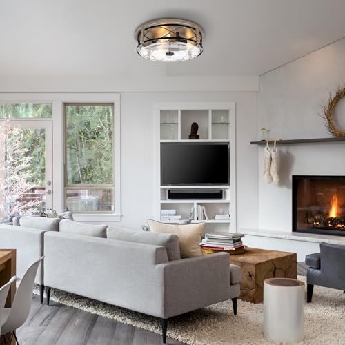16 Inch Farmhouse Flush Mount Ceiling Light With Seeded Glass, 3-Light Wood Grain Round Lamp, Modern Large Indoor Outdoor Lighting for Kitchen Bedroom Living Dining Room - color: ROS578L BK