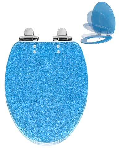 Angol Shiold ELONGATED Blue Glitter Resin Slow Close Toilet Seat 18.5Inch - color: Blue Glitter