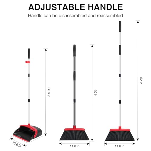 NACENA Broom and Dustpan Set, 52-in Long Adjustable Handle Broom Dustpan Combo with Dustpan Teeth to Automatically Clean Hair Suitable for Home Kitchen Office Hall Floor(Black&Red) - color: Black-red, size: 1 Pack