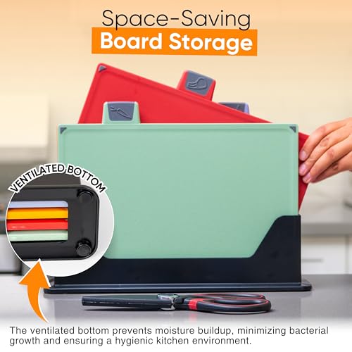 4-Piece Non-Toxic Cutting Board Set 12"L x 9"W with Premium Scissors – BPA-Free Plastic and Rubber Chopping Boards for Kitchen Essentials with Organizer, Dishwasher Safe Accessories Holder. - color: Green, Red, Blue, Orange
