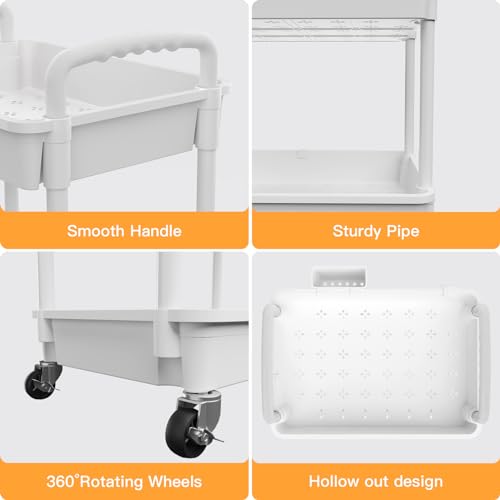 4 Tier Rolling Utility Cart with Handle,REBECAT Utility Cart Made of Multifunctional Storage Organizer Tool for Kitchen,Bathroom,Living Room,Office(White) - color: White