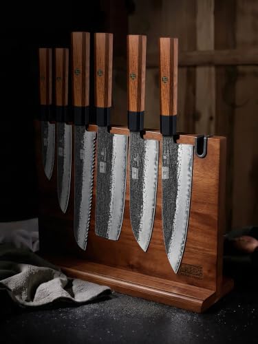 HOSHANHO 7 Pcs Knife Set, Ultra Sharp Knife Sets with Magnetic Knife Block - size: 7 Pieces Knife Set