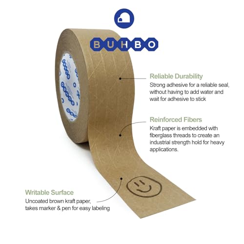 Buhbo Brown Kraft Paper Reinforced Packing Tape, 2 inch x 55 Yards, 3 Rolls