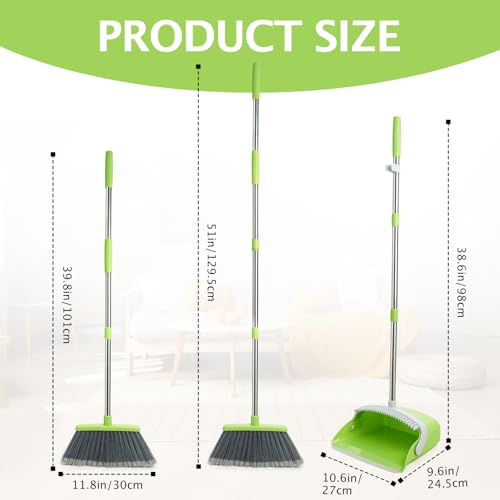 Broom and Dustpan Combo Set,51" Long Handle,Gray Green - color: Green 1-pack