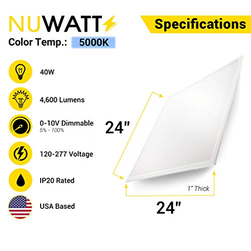 NUWATT 2x2 ft LED Panel Troffer Edge Lit Thin Flat (4 Pack) 40W 5000K 4600 Lumens, 120V-277V AC/DC, 0-10V Dimmable, UL DLC Listed, Drop Ceiling Lights - color: 5000K, size: 2x2 FT