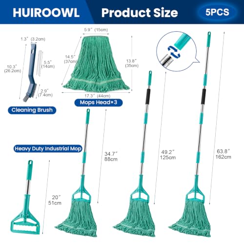 Commercial Mop with 3 Replacement Heads & 1 Handles, 64" Long Handle Heavy Duty Industrial Wet String Cotton Mop, for Concrete/Tile/Garage Floors-Home, Kitchen