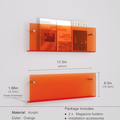Acrylic Magazine Holder, 2 Pack Hanging Bookshelf Magazine Rack, Wall Mounted Floating Brochure Display for Waiting Room, Office, Home (Orange, 17 Inch) - color: Orange, size: 17 Inch