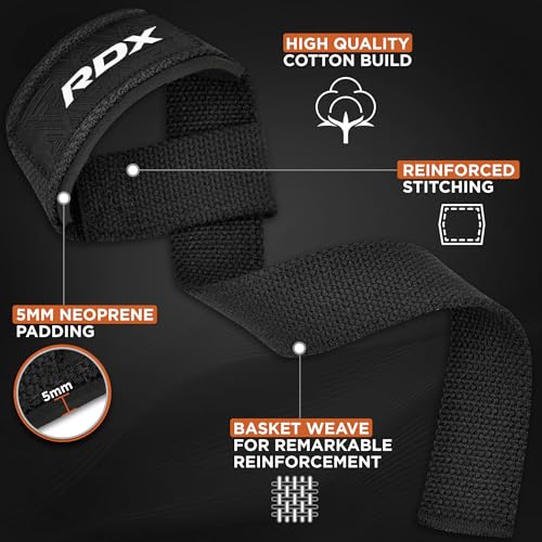 RDX Lifting Straps for Weightlifting –100% Cotton Heavy Duty Gym Wrist Strap with 5MM Neoprene Padding, 60CM Anti-Slip Hand Grip Wraps for Deadlifts Powerlifting Workouts Strength Training, Men Women - color: Black