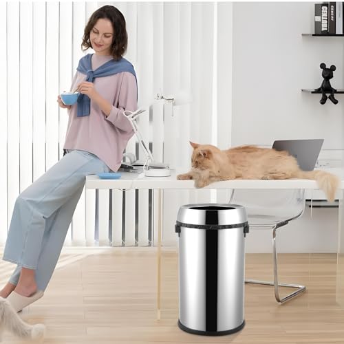 GarveeHome 65L/17 Gal Commercial Trash Can, Round Open Top Waste Bin, Large Stainless Steel Garbage Can, Outdoor Trash Bin with Wide Open and Dual Side Handle Design, for Office Bedroom Restaurant - style: Wide Open with Handle