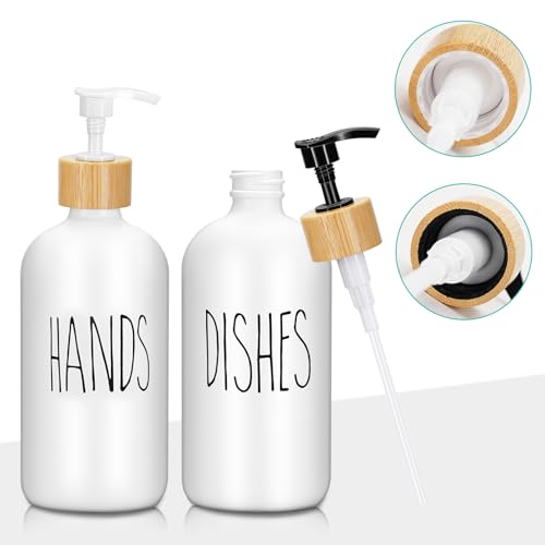 2 Pack 16 Oz Glass Soap Dispenser Set with Tray, Hand Dish Soap Dispenser Set for Bathroom and Kitchen Bottle Dispenser with Dish Soap, Hand Soap, Lotion (White(Hands) White (Dishes)) - color: White(hands)white (Dishes)
