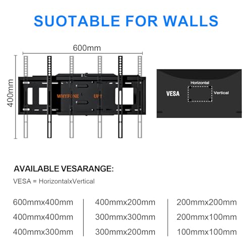 48" Long Arm Full Motion TV Wall Mount w/Power Outlet 37-85” TV WHYFONE - size: Fit 37-85"TVs with power strip