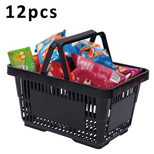 Gdrasuya10 Portable Shopping Baskets Set of 12 Large Plastic Shopping Basket with Handles, 28L Plastic Grocery Shopping Baskets Black Storage Containers for Grocery Retail Convenience Store