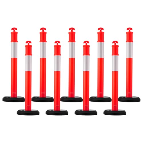 VEVOR 9 Pack Traffic Delineator Posts, 45 inches Traffic Safety Cones with Fillable Base and Reflective Strips, Heavy Duty Delineator Posts for Construction Site, Parking Lot, Crowd Control, Red