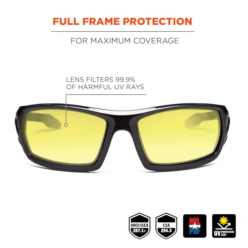Ergodyne Skullerz ODIN Safety Glasses Sunglasses, Impact Resistant Z87.1+ - color: Black Frame, Yellow Lens