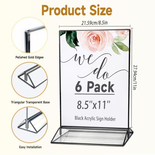 Acrylic Sign Holder 8.5x11 Inch with Black Borders, 6 Pack Black Picture Frames for Wedding, Double Sided Table Number Holders Menu Holders, Acrylic Stands for Display, Restaurant Signs