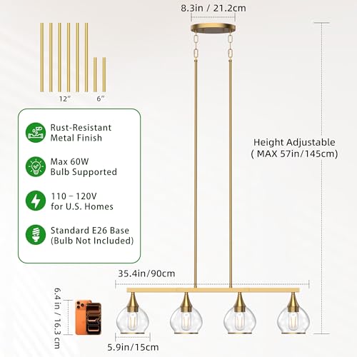 Phaosio Brushed Gold Kitchen Island Linear Pendant Light, 4-Light, E26 Base - color: Gold, size: 4-Light