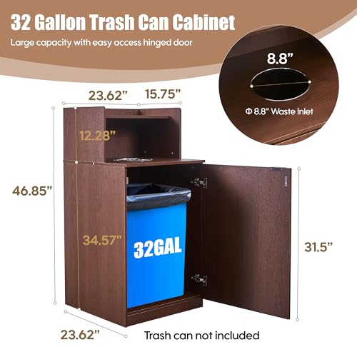 Restaurant Trash Can Cabinet, Commercial Trash Cans 32 Gallon Wooden Trash Can and Garbage Receptacle with Tray Holder, Door, Large Trash Bin for Restaurant, Cafeteria, Kitchen, Shop, Mahogany - color: Mahogany