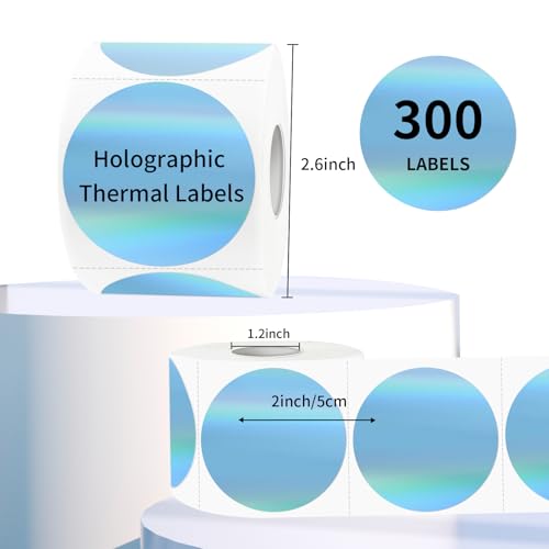 2" Circle Holographic Thermal Label Stickers Blue, Round Printable Rainbow Glitter Thermal Printer Sticker Labels for Gift Wrapping, Self-Adhesive Name Price Tag DIY Custom Logo Design - color: Holographic Blue, size: 2 inch
