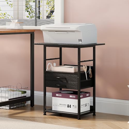 VENNQD Large Printer Stand with Storage Fabric Drawer Under Desk Printer Table with Wheels for Home Office, Printer Cart fit Fax Machine Scanner (Black, 3 Tiers) - color: Black, size: 3 Tiers