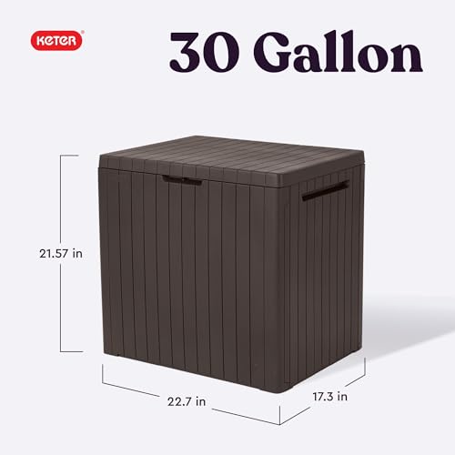 Keter City 30 Gallon Resin Outdoor Storage Box and Patio Furniture Side Table for Pool and Garden Accessories, Brown - color: Brown