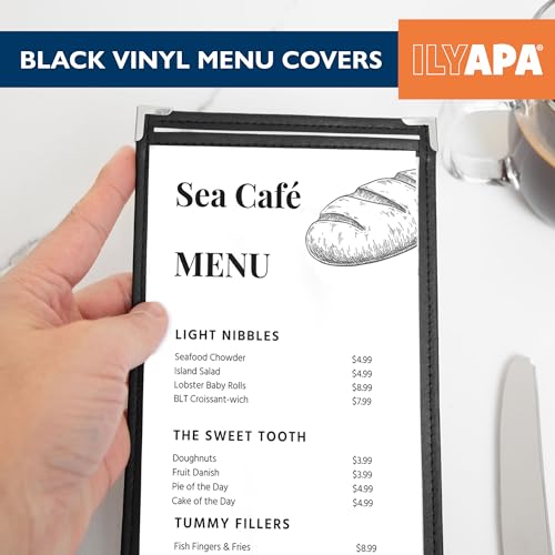 Ilyapa 30 Pack of Menu Covers 4.25 x 11 - Single Page, 2 View, Restaurant Menu Covers, 4.25x11 Clear Plastic Sleeves, Transparent Viewing Surfaces - color: Black, size: 4.25 x 11