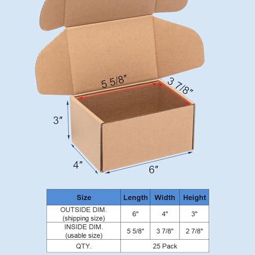 Wowxyz Shipping Boxes 6x4x3 Inches 25 Pack Corrugated Cardboard Brown Box - size: 6x4x3"