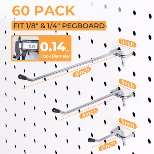 INCLY 60 Pack Pegboard Hooks, 2/4/6 Inch Peg Board Organizer Accessories - color: Silver, size: 2/4/6 Inch