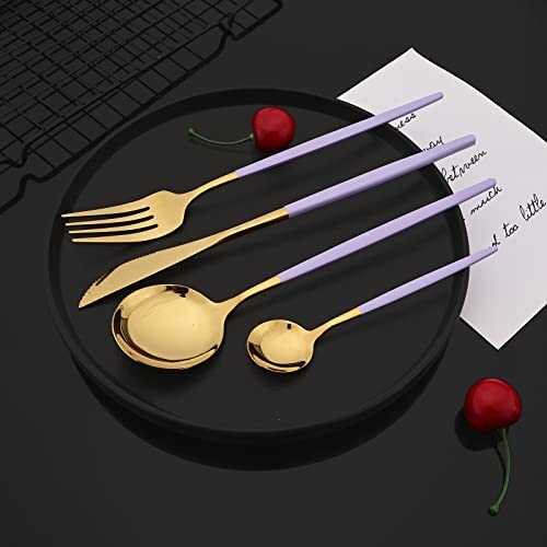 JASHII Flatware Set 24 Piece, Stainless Steel Silverware Set, Macaron Small Fresh Color Cutlery Set, Modern Elegant Tableware Set for Party, Christmas, Dinner (Purple Gold), Service for 6 - color: Purple Gold