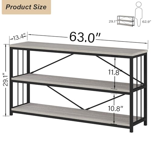 HSH Long Bookshelf, Large Wood Wide Grey Horizontal Book Shelf Under Window, Modern Open Etagere Bookcase for Bedroom Living Room, Industrial Wooden Metal Display Bookshelves for Home Office, 63 Inch - color: Light Grey Oak, size: 63 Inch