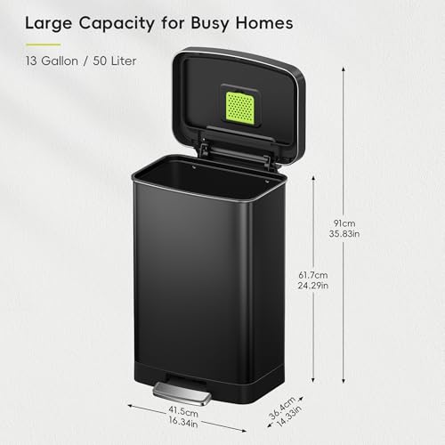 EKO Hudson 50 Liter/13.2 Gallon Kitchen Trash Can with Soft Close Lid, Stainless Steel Step Trash Can, Garbage Can with Rear Trash Bag Storage Compartment for Kitchen, Matte Black - color: Matte Black, size: 50L