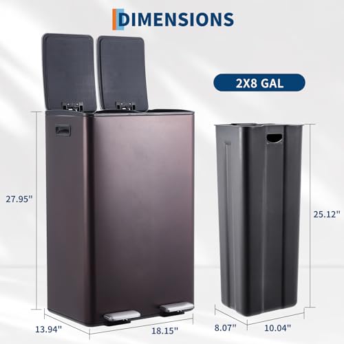Garvee Dual Trash Can, 16 Gal (2 x 30 l) Stainless Steel Kitchen Garbage Can with Lid and Inner Bucket, Double Compartment Trash and Recycle Bin Combo with Step Pedal for Home Office, Brown - color: Brown, size: 30L+30L