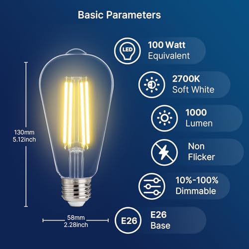 FLSNT 100W Equivalent LED Edison Bulbs, ST19 Dimmable LED Light Bulbs for Pendant Light, Wall Lamp, High Brightness with 1000LM, 2700K Soft White, 8W, E26 Base, 12 Pack - color: 100w 2700k Soft White, size: 12 Count (Pack of 1)