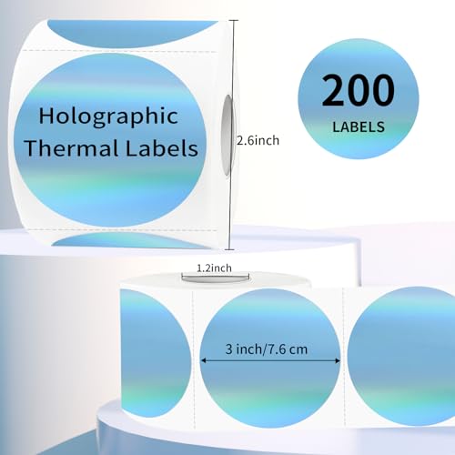 3" Holographic Direct Thermal Label Stickers, Round Printable Rainbow Glitter Thermal Printer Sticker Labels for Gift Wrapping, Self-Adhesive DIY Custom Logo Design- Holographic Blue - color: Holographic Blue, size: 3 inch