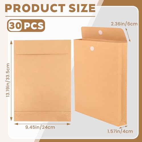 30 Pack Expandable Large Envelopes 9.4" x 13.2", 200 GSM Mailing Envelopes with Hook and Loop Closure, Manilla Envelope for Documents, Magazines, Photos