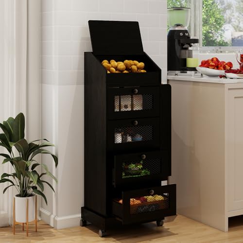 ARTETHYS Potato Storage Bin 5-Tier Rolling Black Bread Box with Side Rack - color: Black
