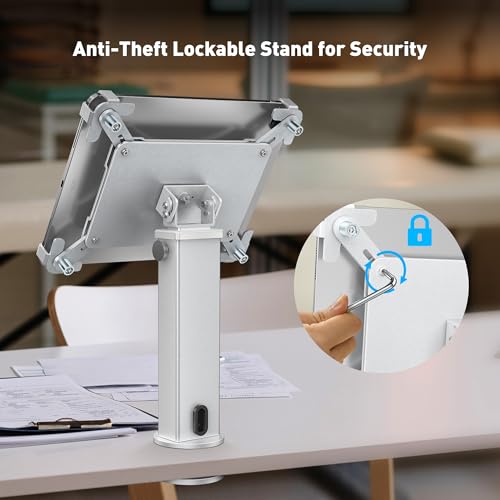 AboveTEK iPad Desk Grommet Mount, Adjustable Tablet Desk Mount with 360° Rotation & 180° Tilt, Fits 9.7"-13" Tablets, Anti-Theft iPad Stand, Heavy-Duty Aluminum Tablet Stand, Perfect for Work - color: Sliver