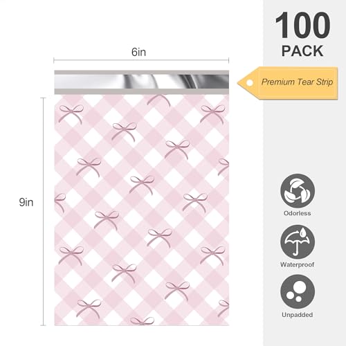 JinRuiKJ 6x9 Boutique Poly Mailers 100 Pack, Grid Bow Design - color: Grid Bow, size: 6x9'' - 100 Pack