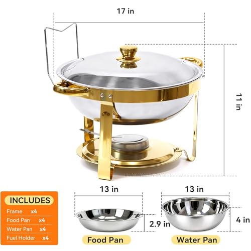 4-Pack Chafing Dish for Buffet Set, 6QT Round 304 Stainless Steel Complete Buffet Warmer – Includes Lids, Water Pans, Folding Stands & Clips for Catering, Events, Parties,Gold - color: Silver + Golden