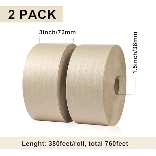 BOMEI PACK Water Activated Kraft Paper Reinforced Gummed Tape, 2 Pack 3 inch x 380 ft, for Heavy Duty Secure Packing Shipping - size: 2Rolls (3.0 in x 380feet)