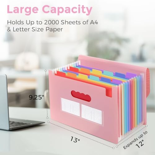 SKYDUE Accordion File Organizer, Expanding File Folder with 13 Pockets, Portable Document Paper Bill Receipt Organizer, Home School Office Supplies, Letter A4 Size Pink - color: Pink