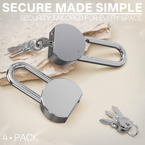 4 Pack 65mm Heavy Duty Padlocks, Chrome Long Shackle, Keyed Alike - size: 4 Pack