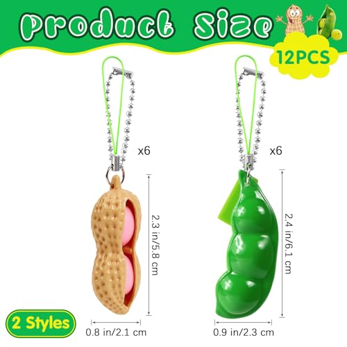 12 PCS Squeeze Bean Peanuts Keychain, Pea Peanut Keychain Fidget Toys, Soybeans Peanuts Sensory Fidget Toys Gifts for Stress Relief, Keyring, Decoration, Party Toys Supplies
